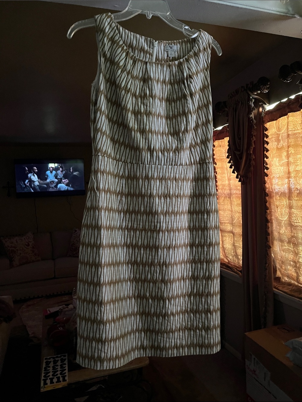Sleeveless Tan & White Patterned Midi Dress